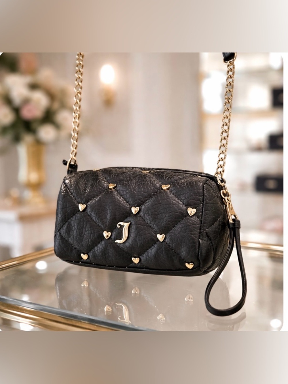 Juicy Couture Black Quilted Crossbody Bag Gold Heart Studs Chain Strap NWT